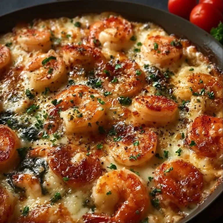 Camarones al horno en crema estilo toscano con hierbas frescas.