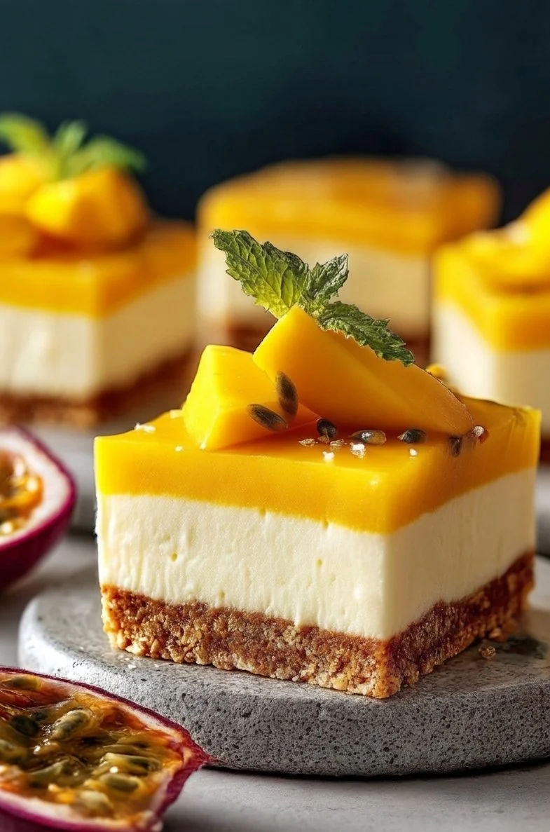 Barras de cheesecake de mango veganas sin hornear