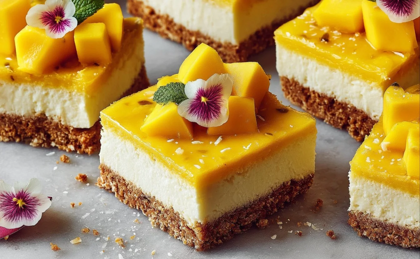 Barras de cheesecake de mango veganas sin hornear