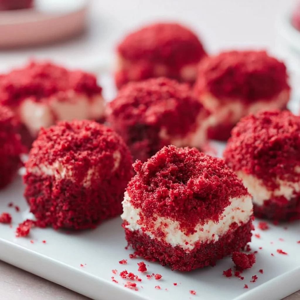 Bocados de cheesecake de terciopelo rojo en un plato decorativo