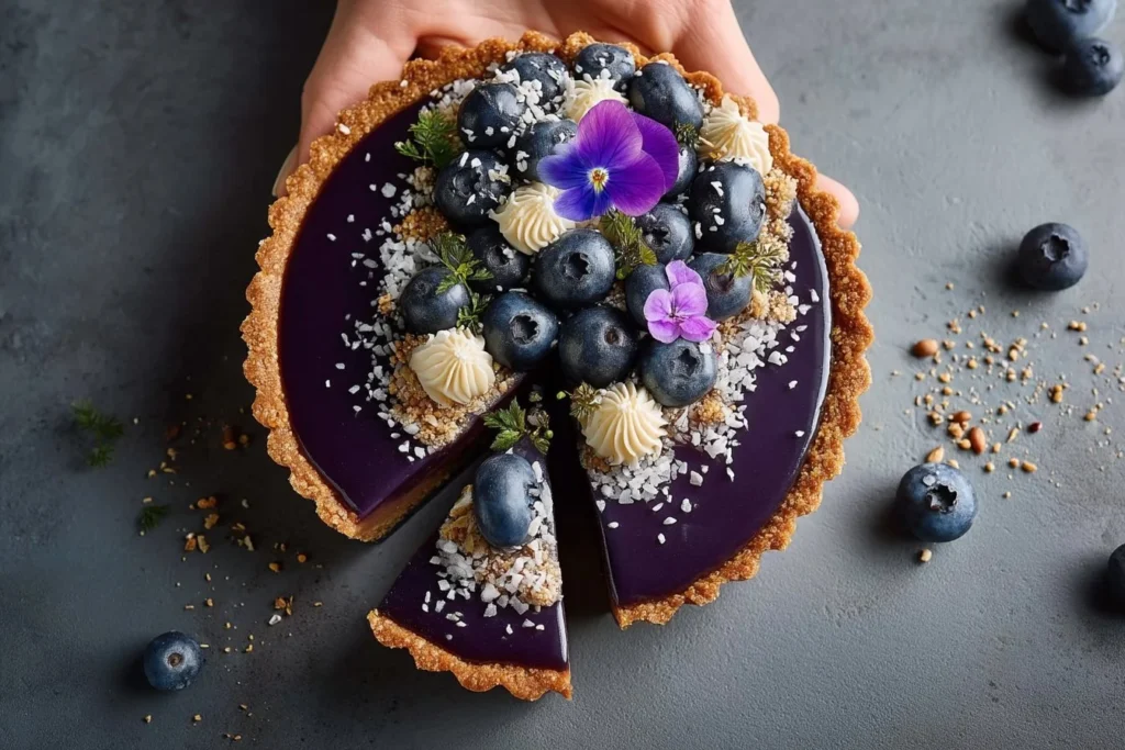 Tarta de arándano con Earl Grey sobre una mesa de madera