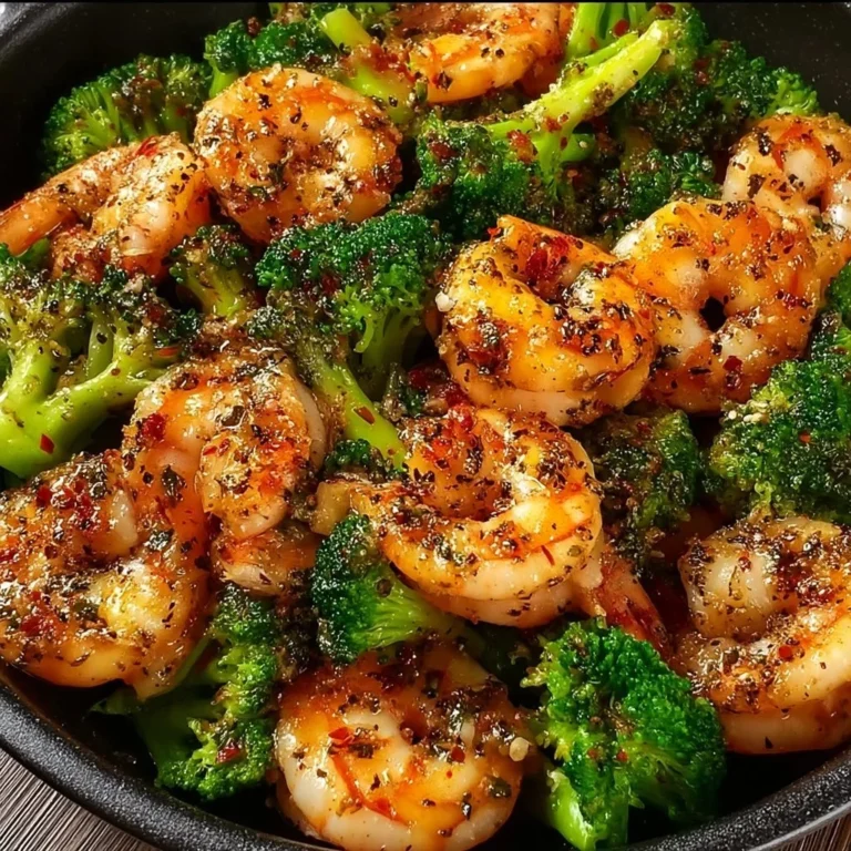 Camarones al ajo con brócoli en un plato colorido y sabroso.