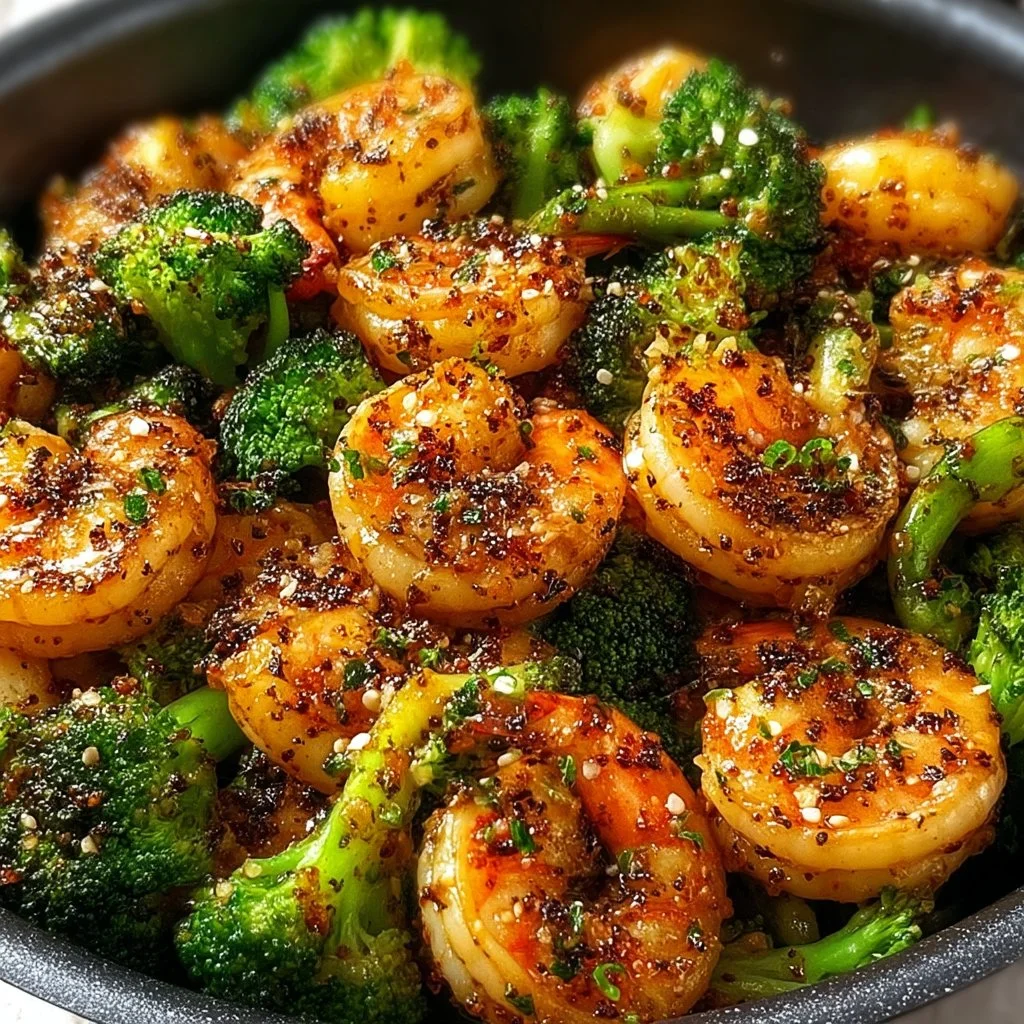 Camarones al ajo con brócoli