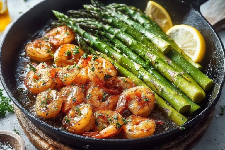Camarones al ajo y mantequilla con espárragos en un plato atractivo