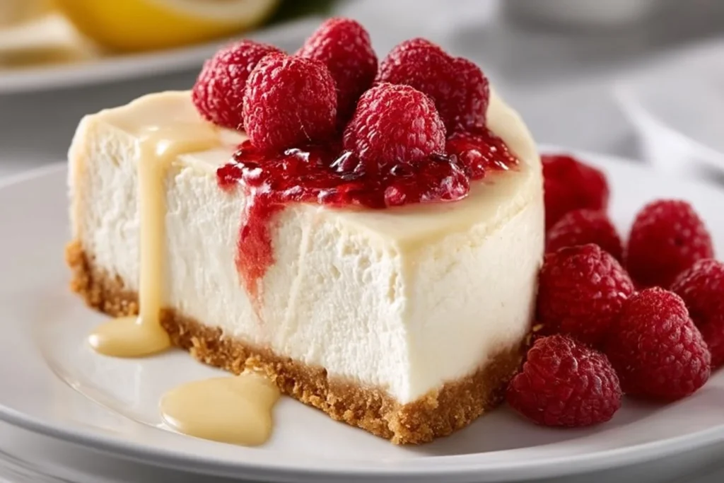 Cheesecake al horno con yogur griego, cremoso y delicioso, listo para servir.