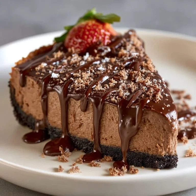 Cheesecake de chocolate sin horno decorado con chocolate y frutas frescas.