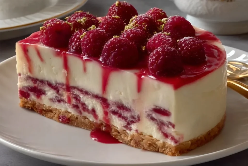Cheesecake de Frambuesa Sin Horno con fresas frescas y crema suave
