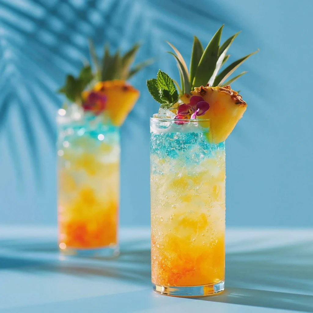 Cóctel Paraíso de Aruba servido en un vaso con decoración tropical.