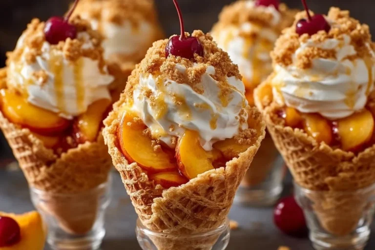 Cono de Cheesecake de Durazno decorado con duraznos frescos