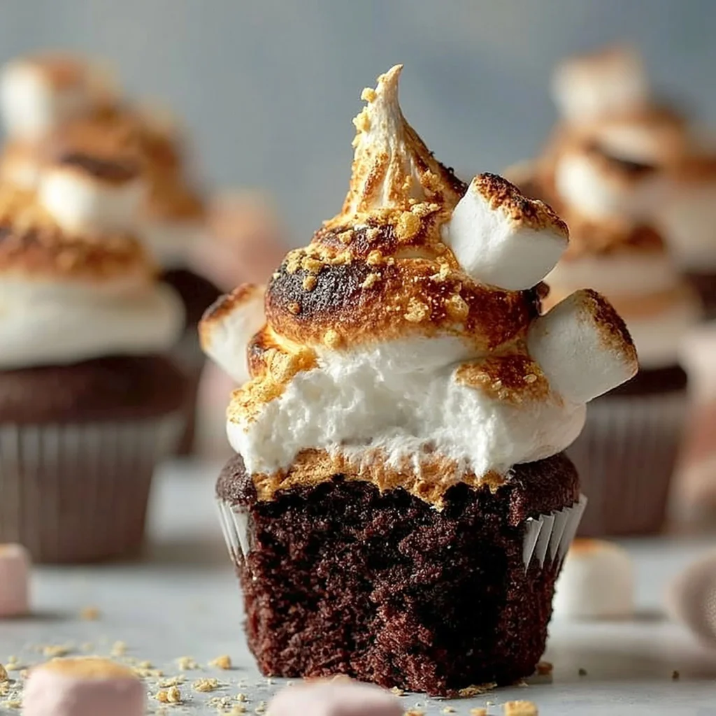 Deliciosos cupcakes de S’mores caseros con galleta, chocolate y malvavisco.