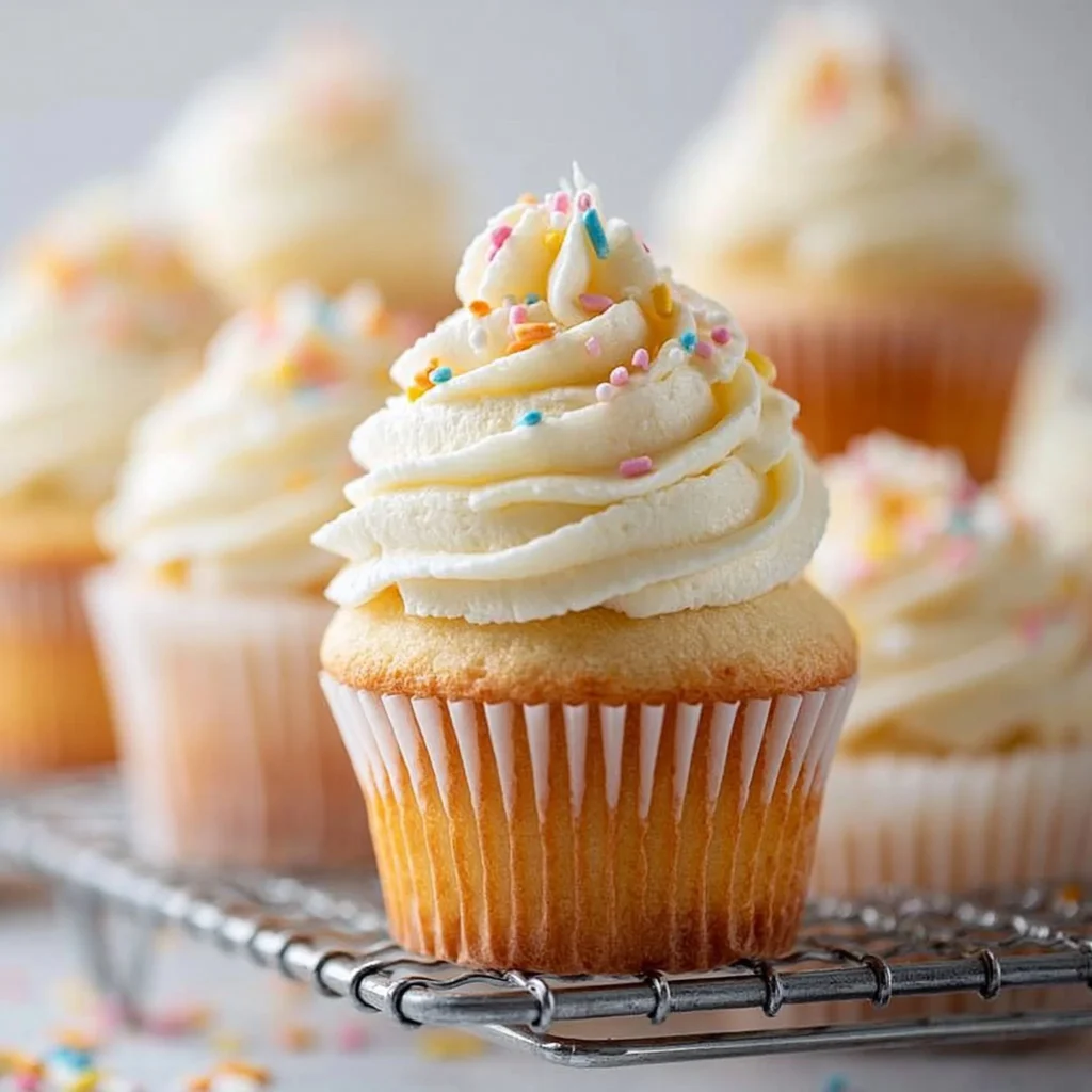 Cupcakes de vainilla decorados con crema y chispas de chocolate