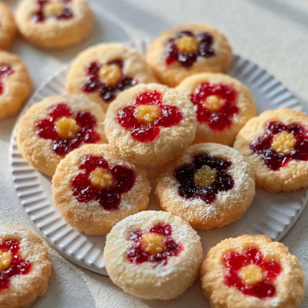Galletas decoradas con huella de flor y rellenas de mermelada