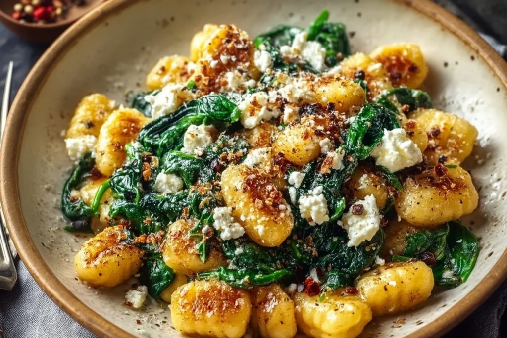 Gnocchi Cremoso con Espinacas y Feta servido en un plato