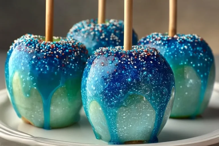 Manzanas caramelizadas oceánicas en un plato con un fondo colorido.