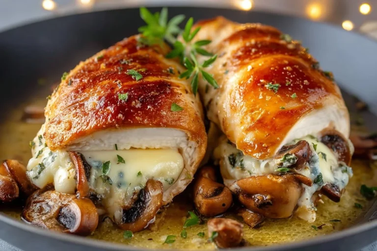 Pechugas de pollo rellenas de champiñones en un plato decorativo