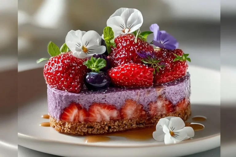 Postre de requesón con limón y frambuesas en un plato decorativo.