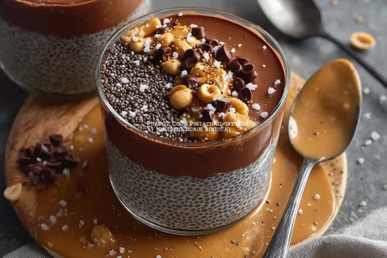 Pudín de chía con mantequilla de maní y chocolate en un tazón decorativo.