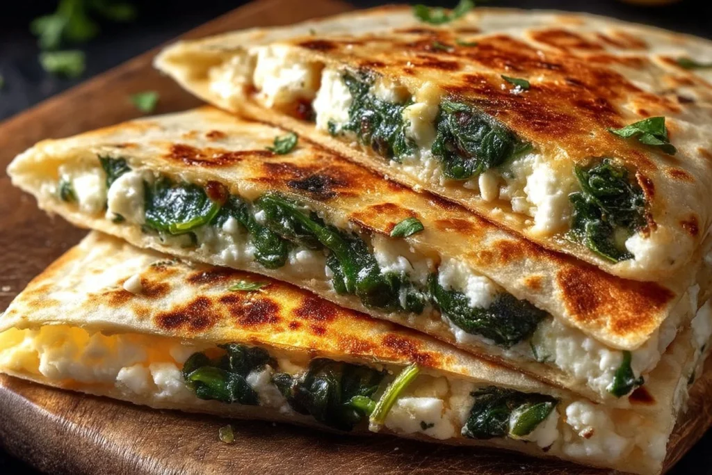 Quesadillas de espinacas y feta recién hechas en un plato