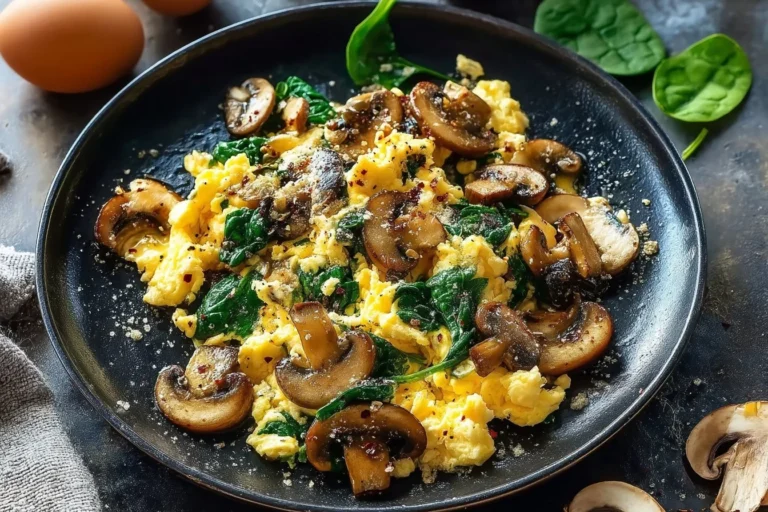 Revuelto de champiñones y espinacas en un plato