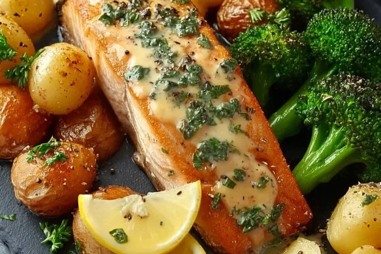 Salmón con Papas y Brócoli al Limón en un plato recién servido