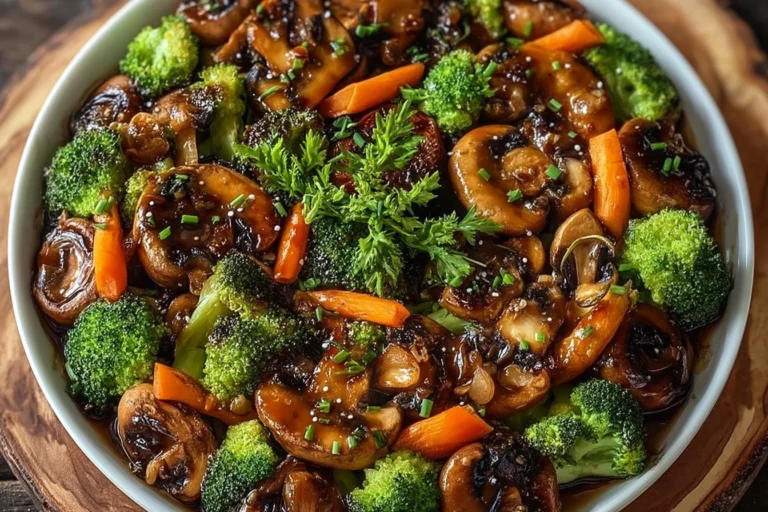 Salteado de champiñones, brócoli y zanahorias en un plato colorido y saludable.