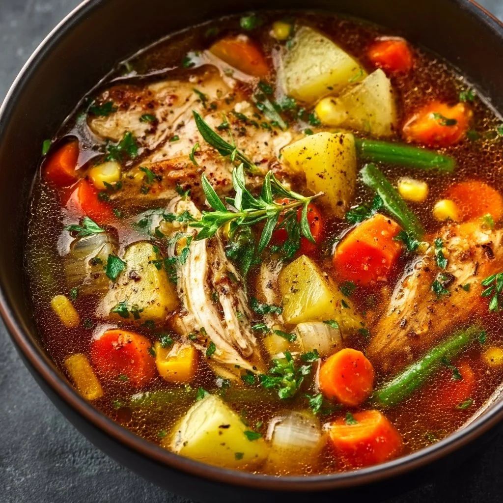 Sopa de Pollo con Verduras servida en un tazón blanco