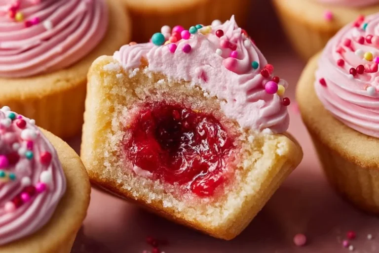 Taza decorada con galleta de fresa y fresas frescas sobre una mesa.