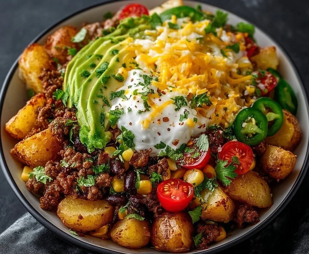Tazón de Papas cargado con ingredientes frescos y sabor a taco