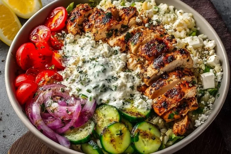 Tazón de pollo griego con ingredientes frescos y coloridos.