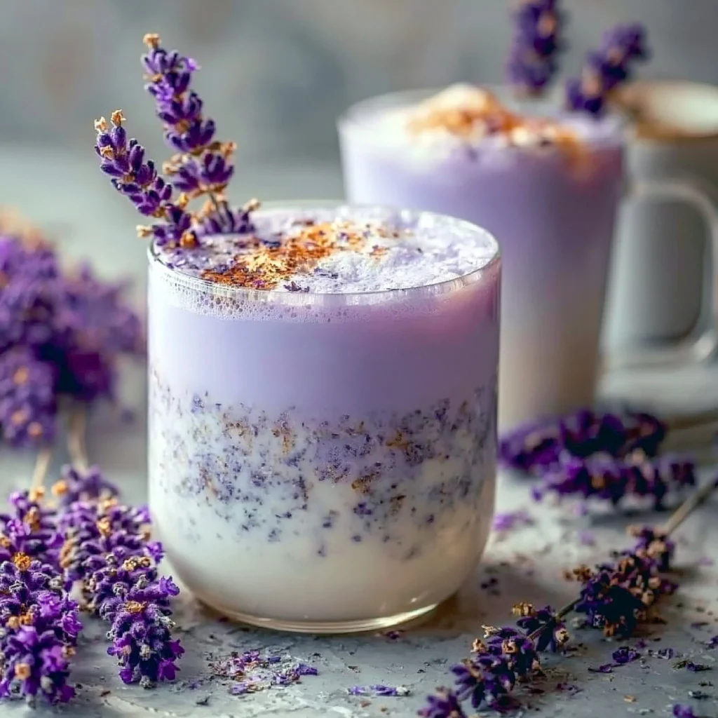 Té de leche de lavanda en una taza con flores de lavanda al fondo