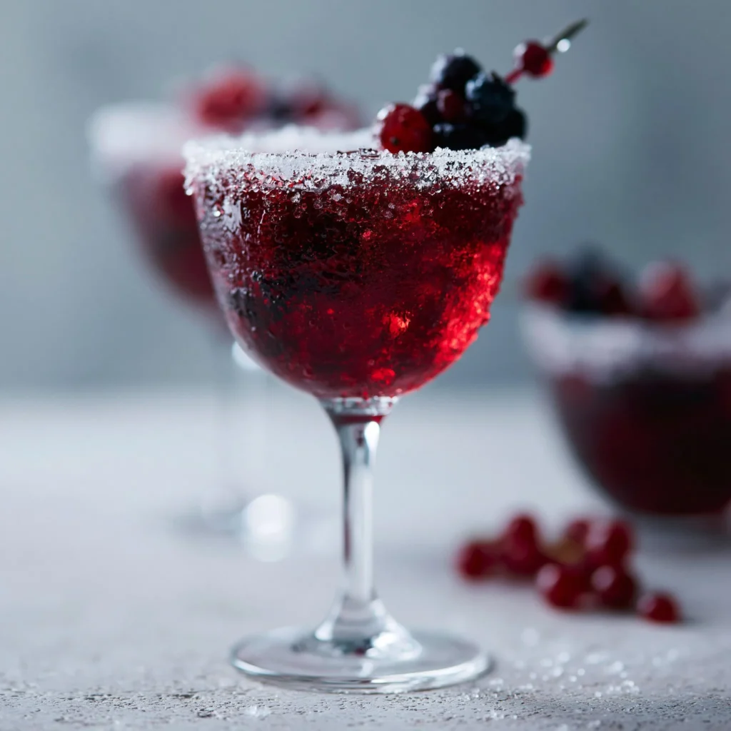 Mocktail Besito de Vampiro con ingredientes frescos y decoraciones temáticas.