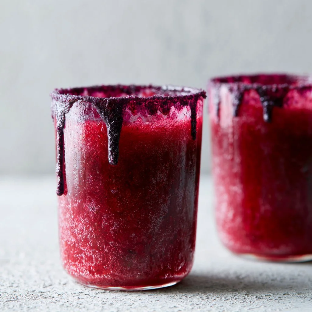 Beso de Vampiro Mocktail decorado con frutas y hielo, bebida perfecta para Halloween