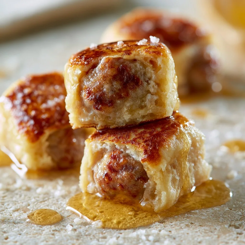 Bocaditos de pancakes con salchicha, ideales para un desayuno fácil y delicioso.