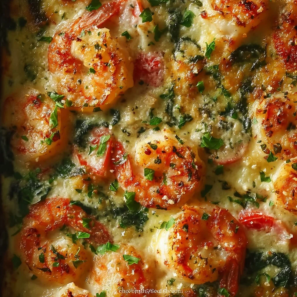 Camarones Horneados al Estilo Toscano preparados en un plato atractivo