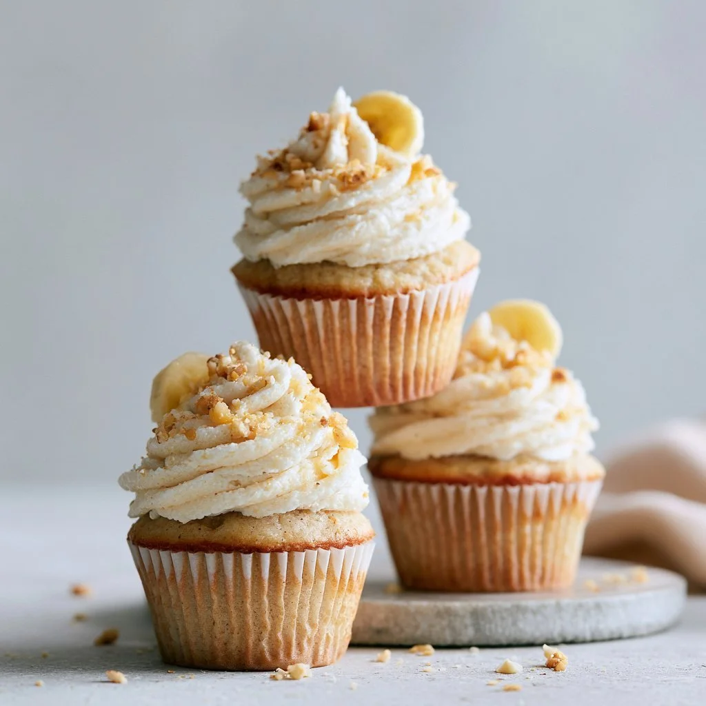 Cupcakes de batido de banana con decoración colorida y deliciosa.