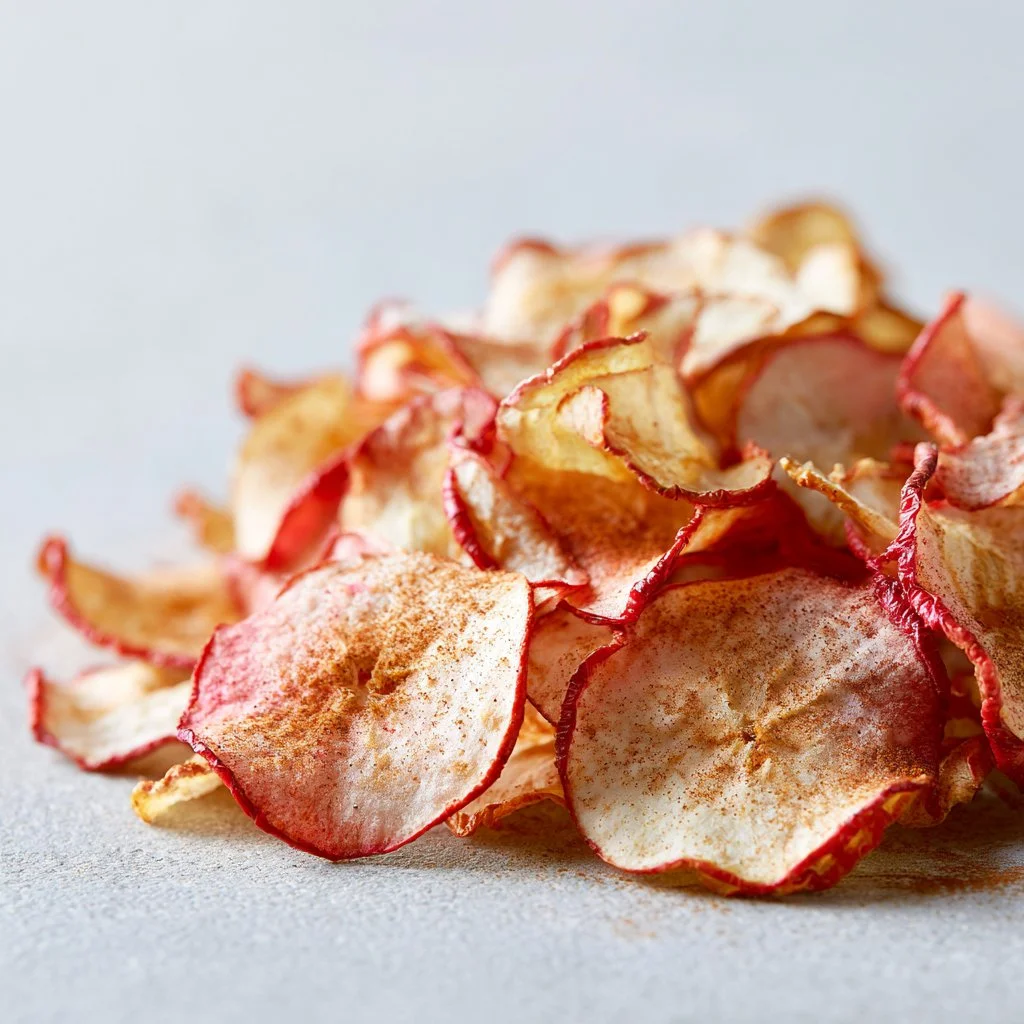Chips de manzana y canela caseros en un plato, crujientes y saludables.
