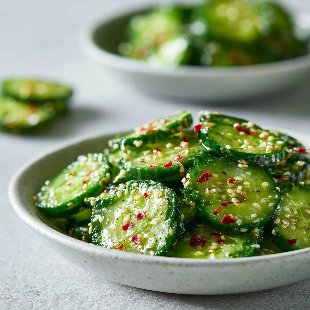 Plato de ensalada de pepino asiática con ingredientes frescos y coloridos