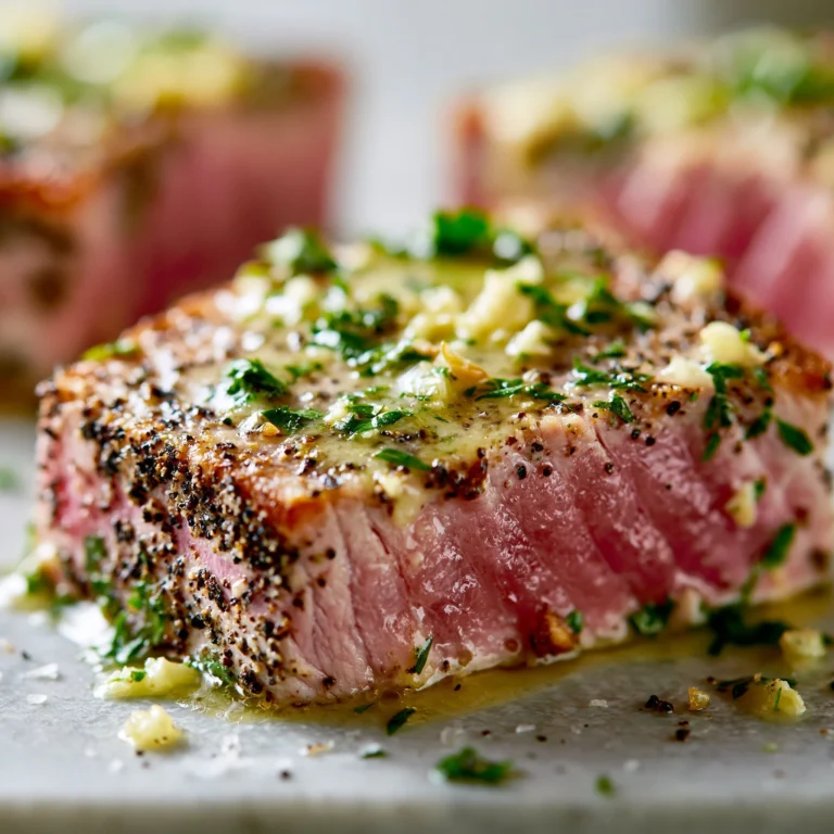 Filetes de atún sellados con mantequilla de ajo y hierbas en un plato gourmet