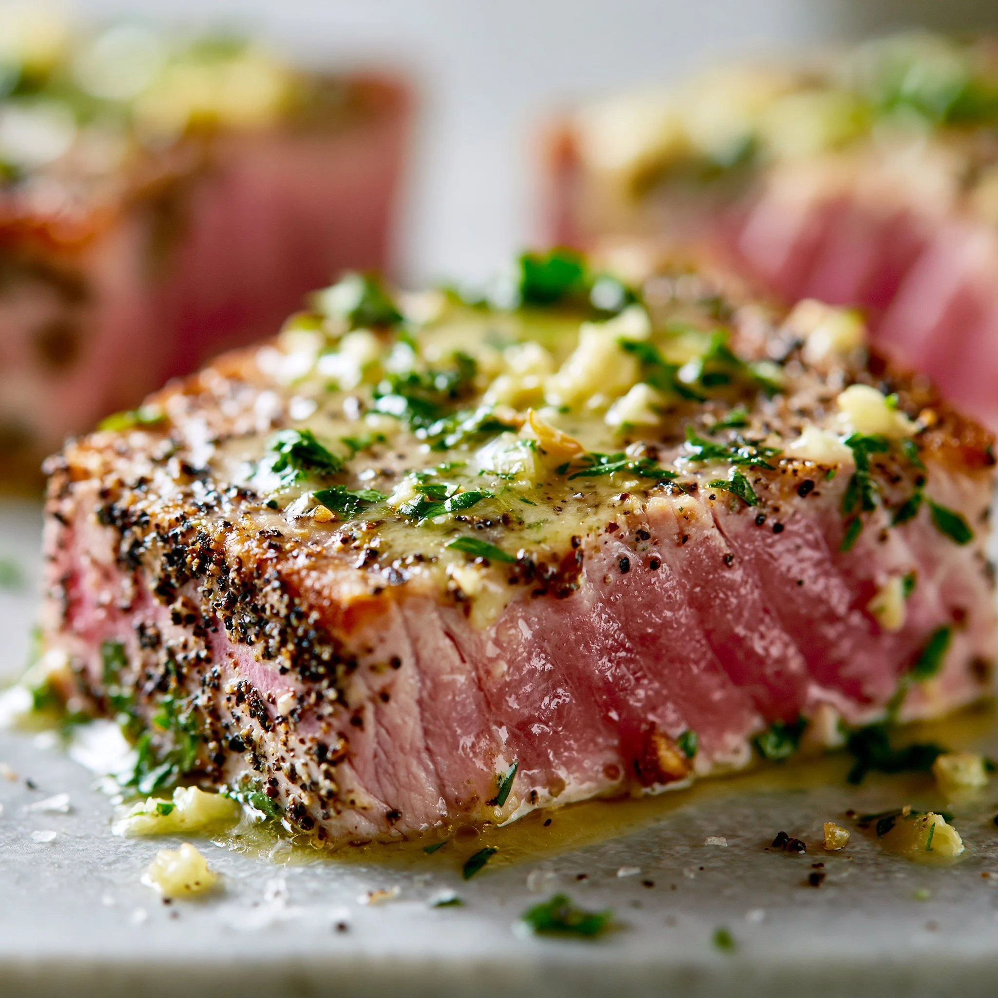 Filetes de Atún Sellados con Mantequilla de Ajo y Hierbas