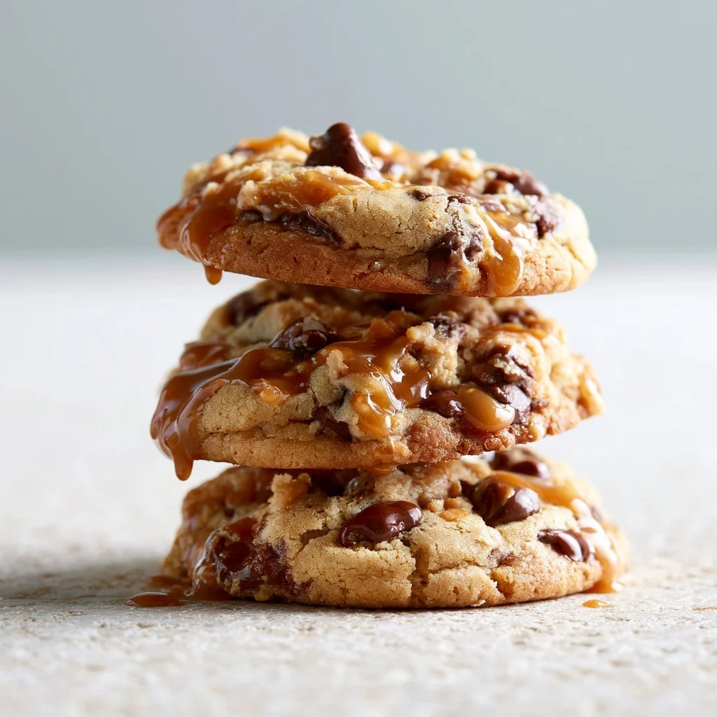 Galletas de caramelo con mantequilla de cacahuate y chocolate recién horneadas