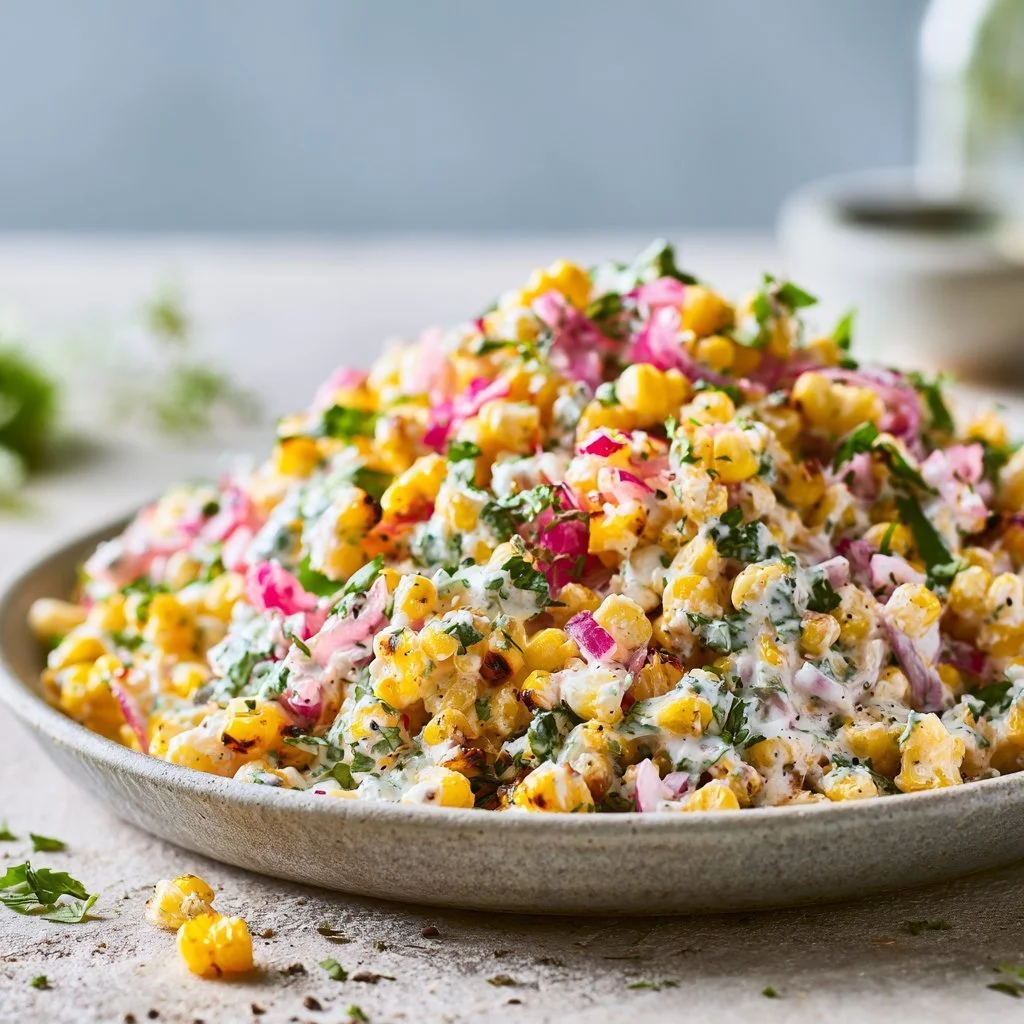 Ensalada de maíz callejero saludable con yogur griego y vegetales frescos