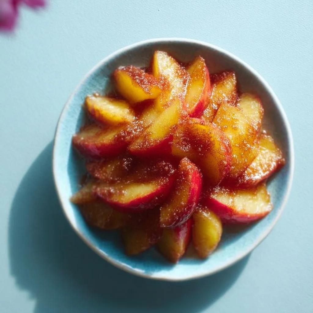 Manzanas horneadas con canela recién preparadas en un plato decorativo
