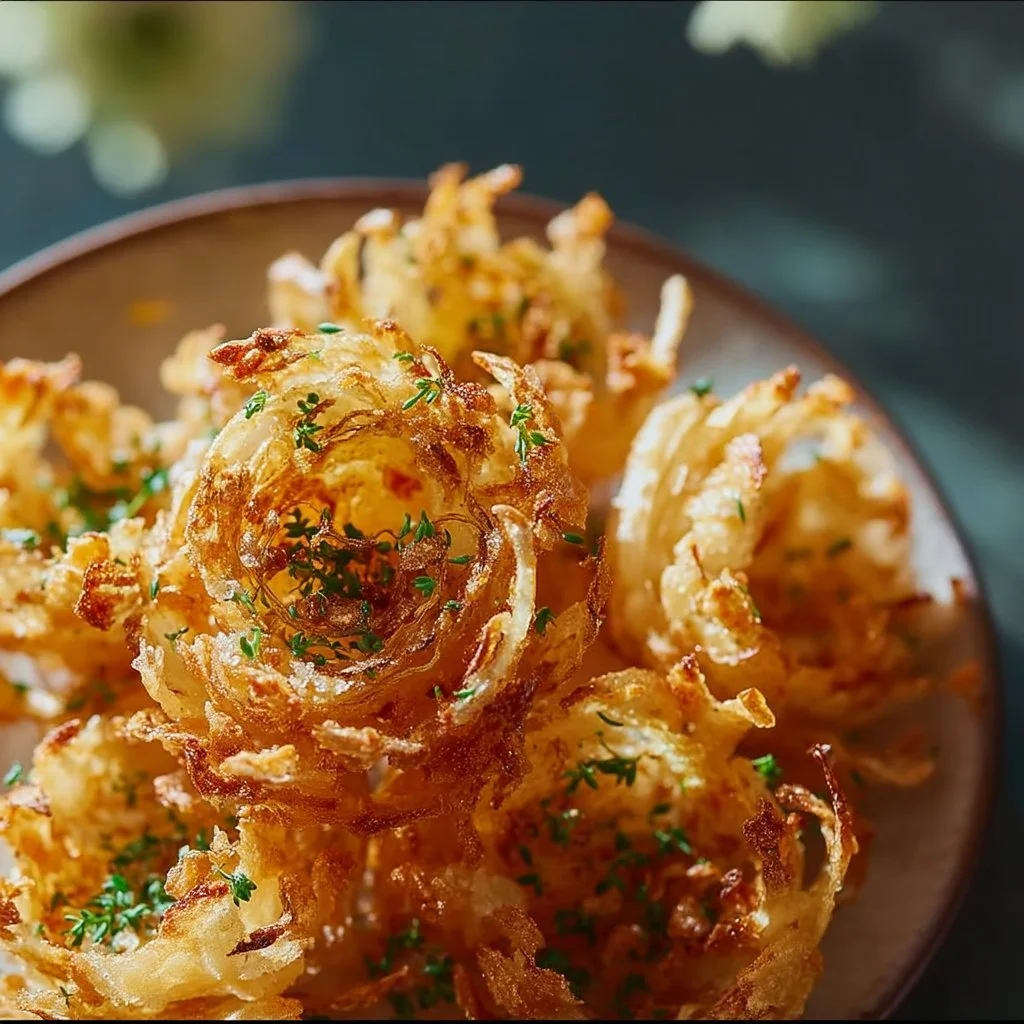 Mini Blooming Onions crujientes en un plato como aperitivo
