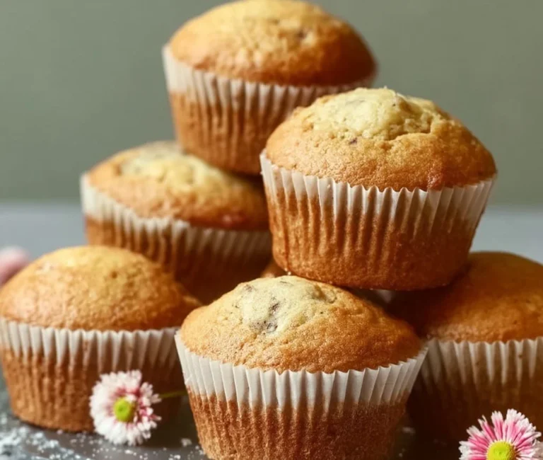 Muffins de plátano y almendra recién horneados sobre una mesa
