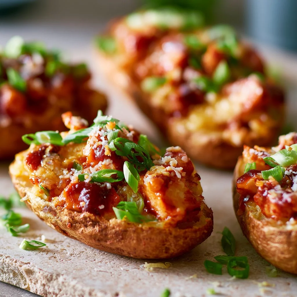 Papas al horno con pollo y salsa BBQ de miel