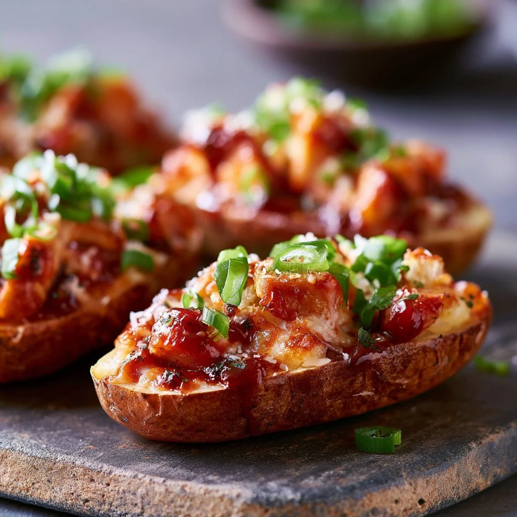 Papas al horno con pollo y salsa BBQ de miel