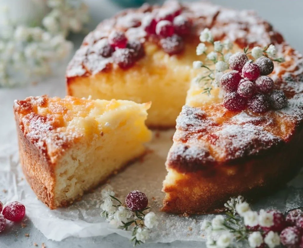 Pastel de yogur esponjoso decorado con frutas frescas.