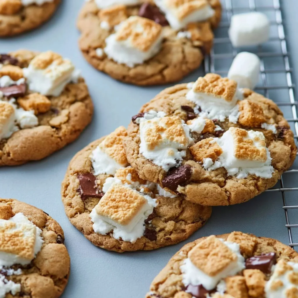 Galletas estilo s'mores recién horneadas y decoradas con chocolate y malvavisco.