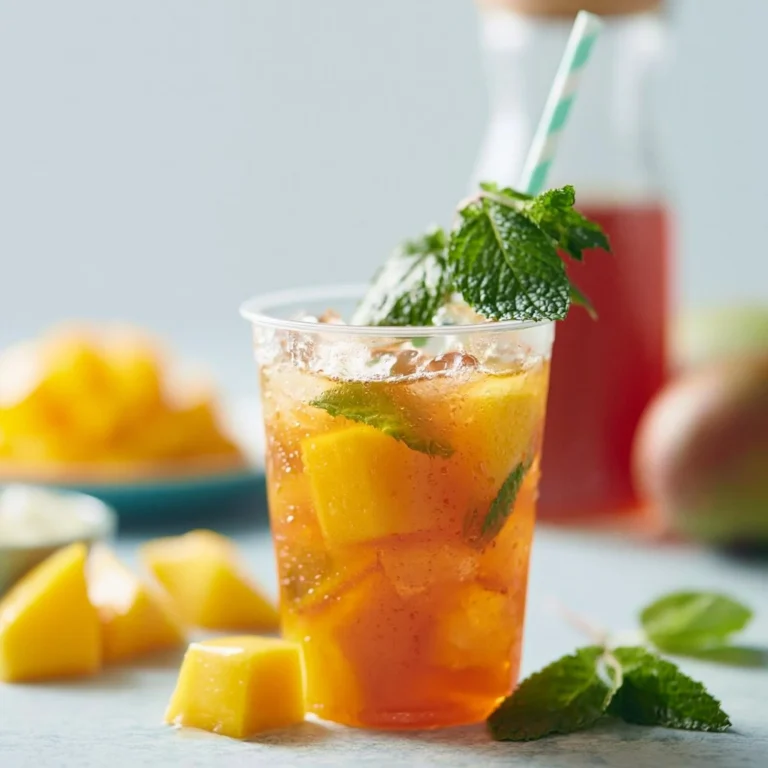 Té frío con mango en un vaso, ideal para refrescarse en el calor.