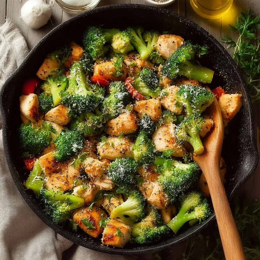 Receta de pollo con brócoli en sartén, ideal para comidas rápidas y saludables.